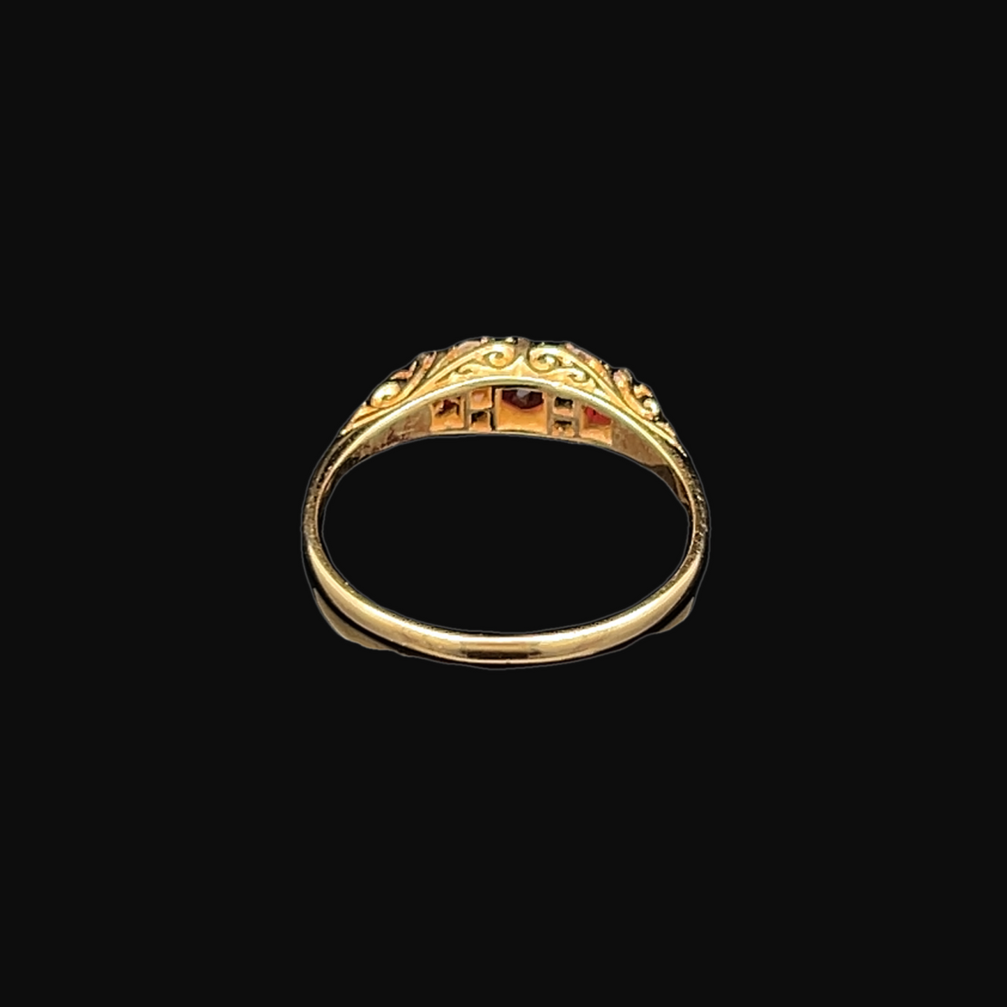 Vintage Victorian Style Ruby and Diamond 18ct Gold Carved Trilogy Ring