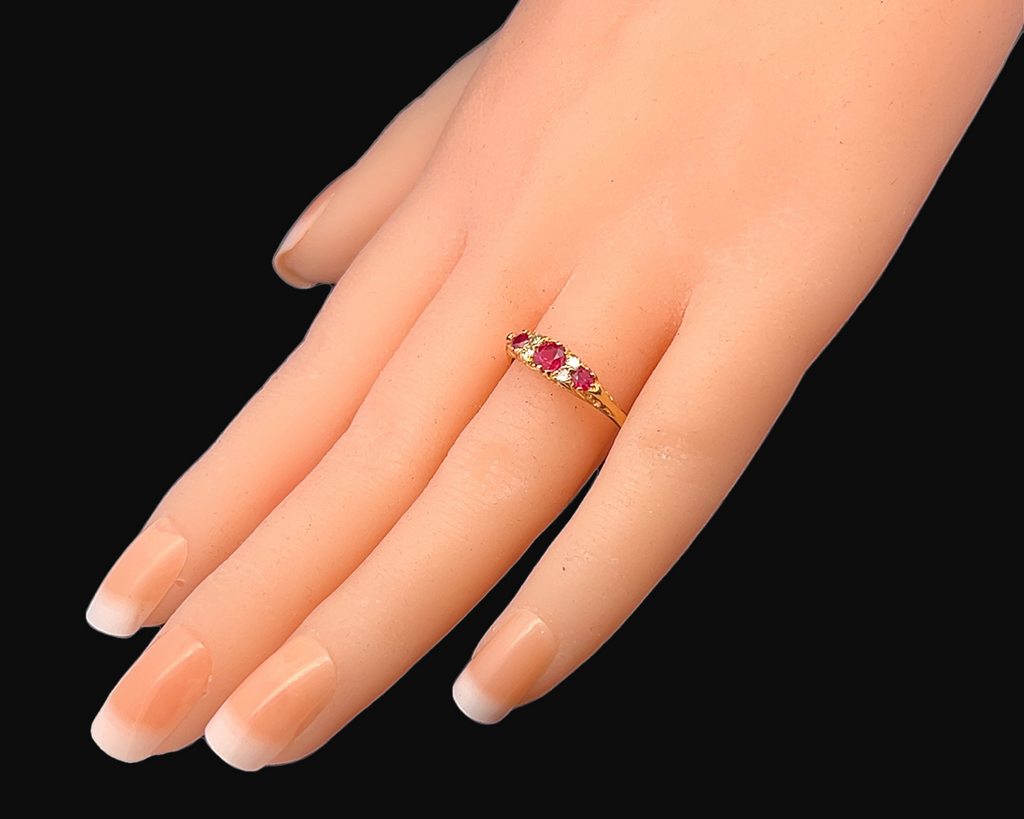 Vintage Victorian Style Ruby and Diamond 18ct Gold Carved Trilogy Ring