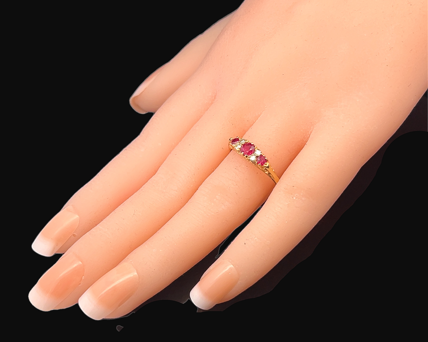 Vintage Victorian Style Ruby and Diamond 18ct Gold Carved Trilogy Ring