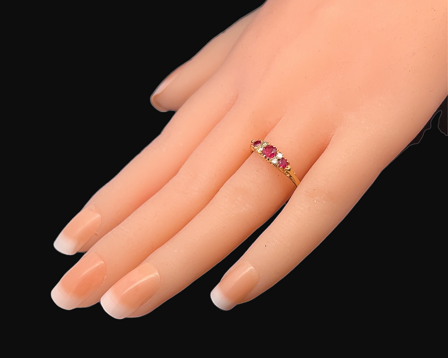Vintage Victorian Style Ruby and Diamond 18ct Gold Carved Trilogy Ring