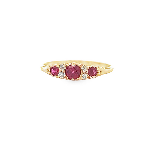 Vintage Victorian Style Ruby and Diamond 18ct Gold Carved Trilogy Ring