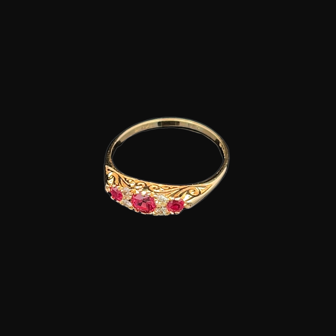 Vintage Victorian Style Ruby and Diamond 18ct Gold Carved Trilogy Ring