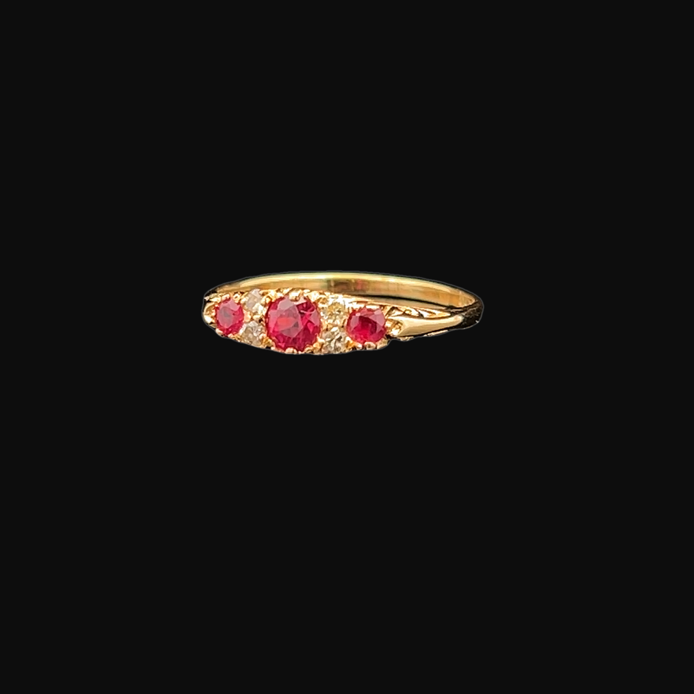 Vintage Victorian Style Ruby and Diamond 18ct Gold Carved Trilogy Ring