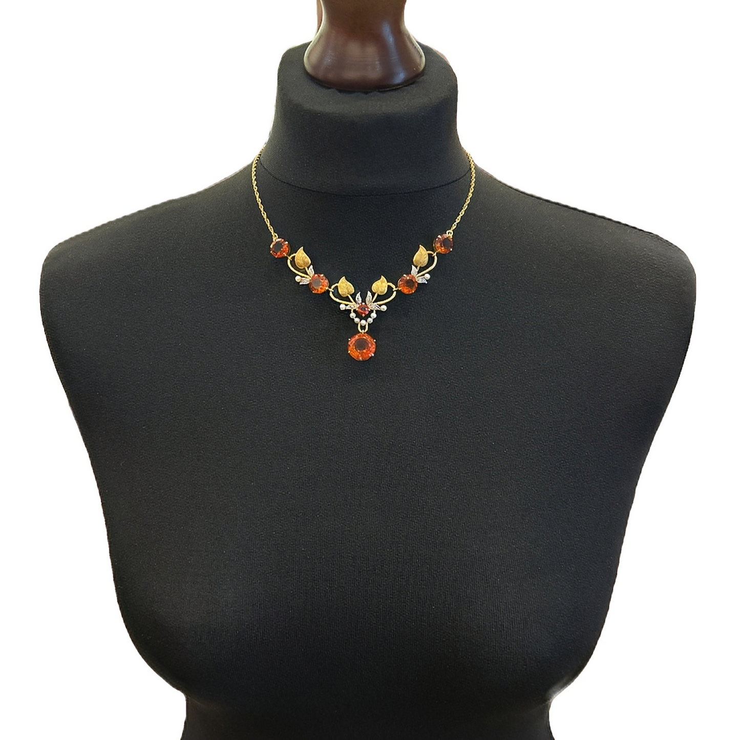 Vintage Madeira Citrine, Diamond and Pearl 18ct Gold Floral Necklace Manufactured by Cropp and Farr