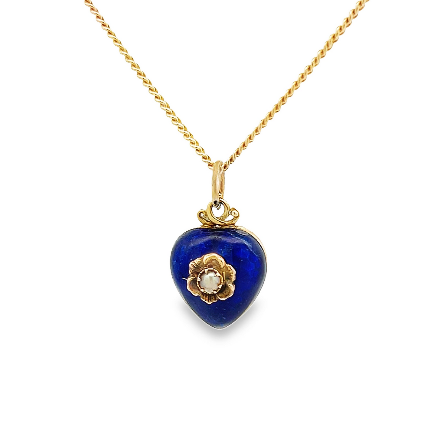 Antique Victorian Blue Enamel Heart Shaped 9ct Gold Pendant Locket set with a Natural Split Pearl