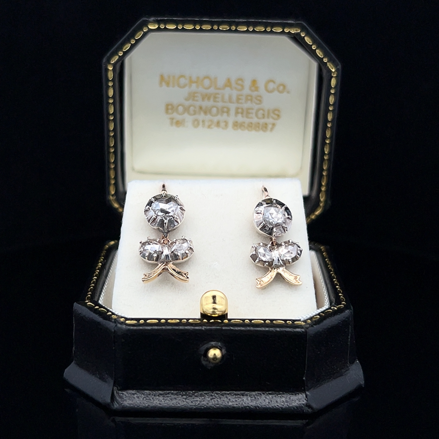 Antique Georgian Rose Cut Diamond Silver and Gold Floral Drop Earrings