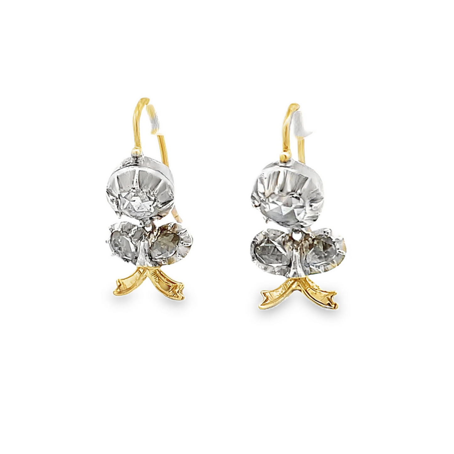 Antique Georgian Rose Cut Diamond Silver and Gold Floral Drop Earrings