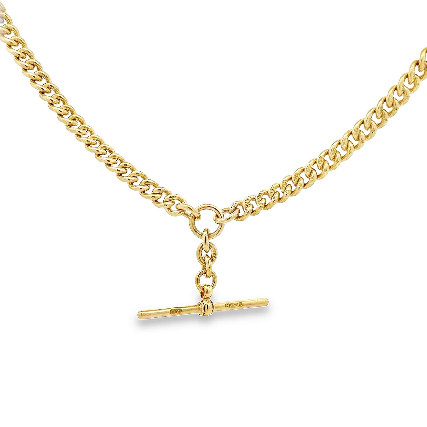 Antique 9ct Yellow Gold Curb Link Albert Watch Chain & T-Bar