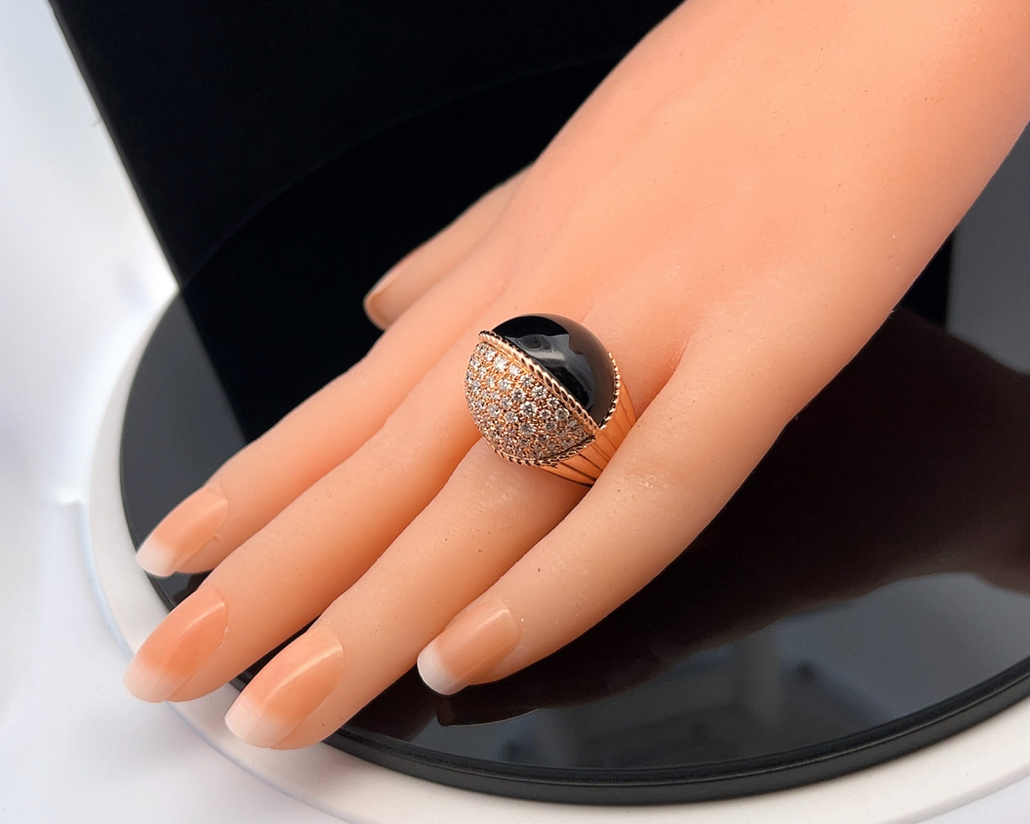 Contemporary Paris Nouvelle Vague Black Jade and Diamond 18ct Rose Gold Bombe Cocktail Ring