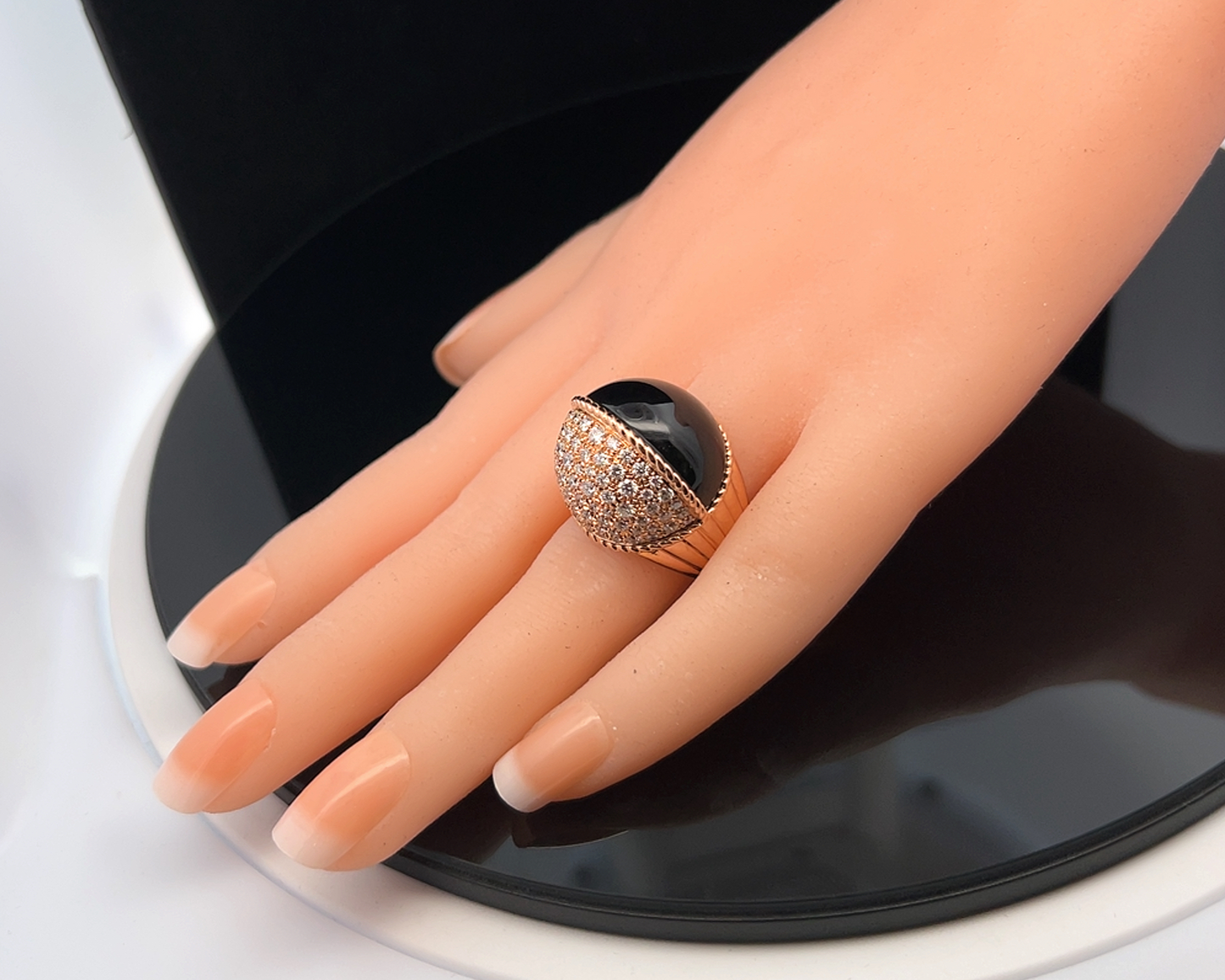 Contemporary Paris Nouvelle Vague Black Jade and Diamond 18ct Rose Gold Bombe Cocktail Ring