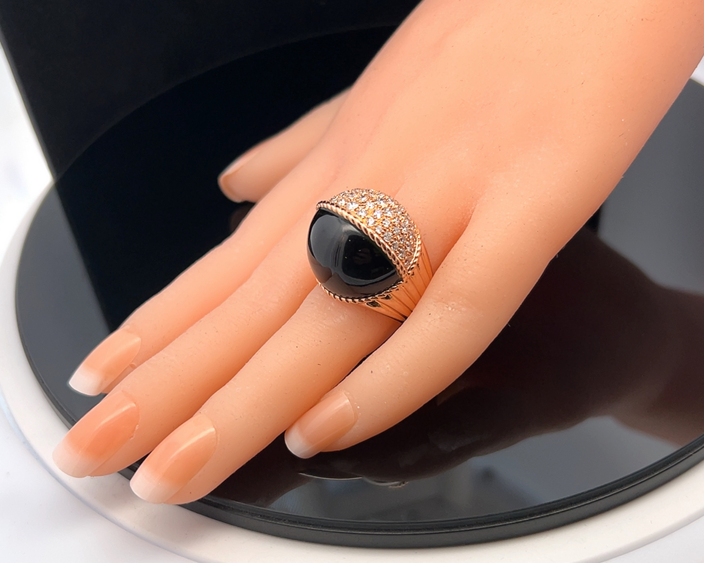 Contemporary Paris Nouvelle Vague Black Jade and Diamond 18ct Rose Gold Bombe Cocktail Ring