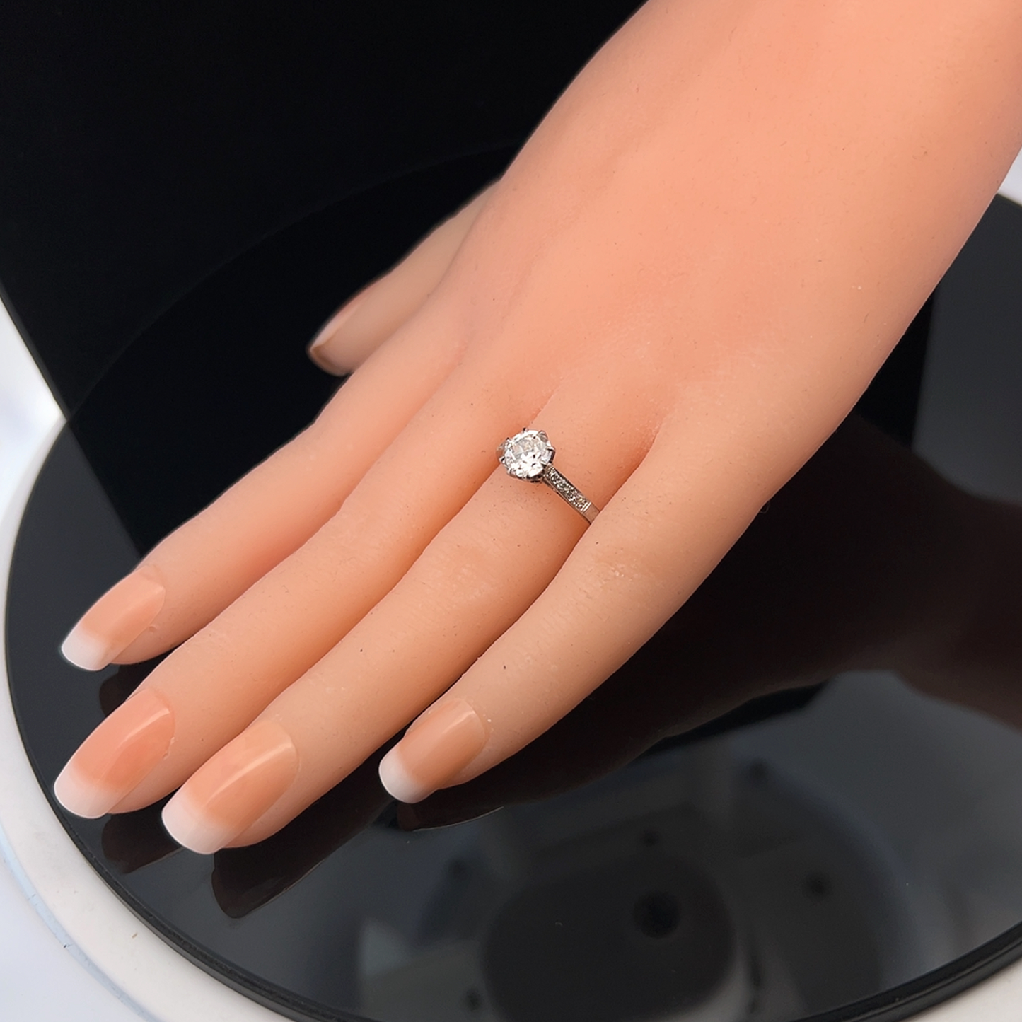 Antique Edwardian Solitaire Old European Cut Diamond Platinum & 18ct White Gold Ring with Diamond Shoulders
