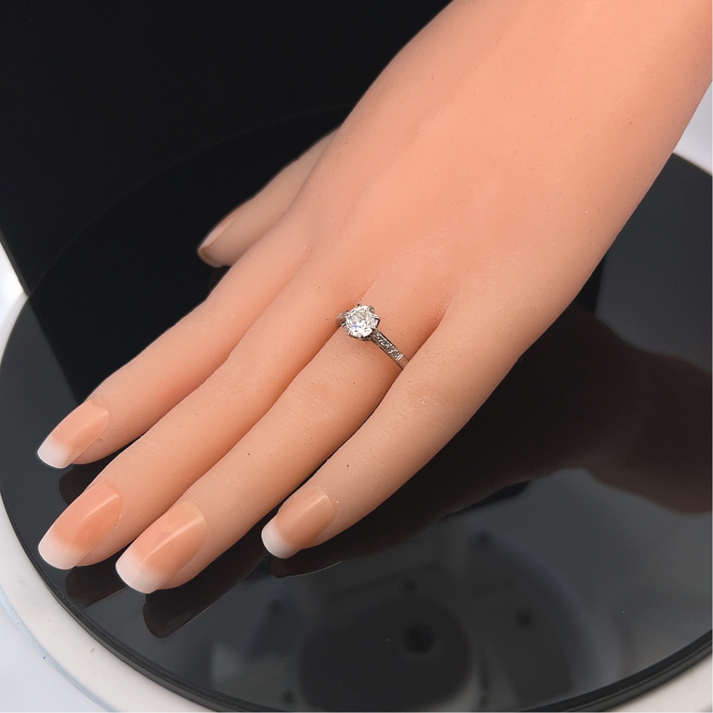 Antique Edwardian Solitaire Old European Cut Diamond Platinum & 18ct White Gold Ring with Diamond Shoulders
