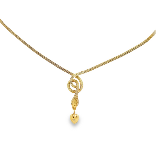 Antique Edwardian Emerald Eyed 9ct Gold Snake Necklace Set 15ct Gold Diamond Puffy Heart Drop
