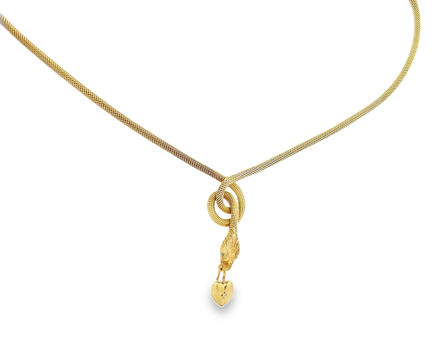 Antique Edwardian Emerald Eyed 9ct Gold Snake Necklace Set 15ct Gold Diamond Puffy Heart Drop