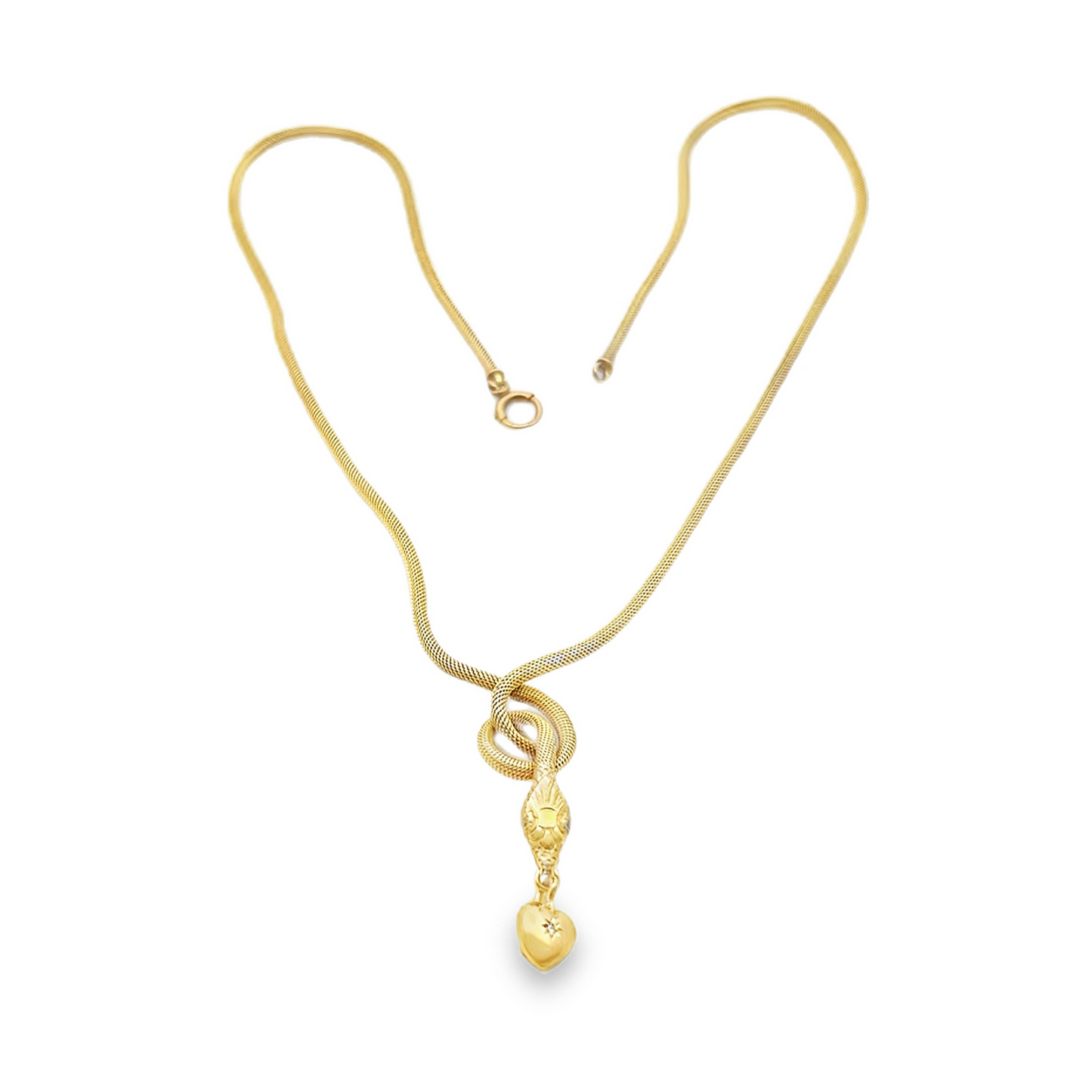 Antique Edwardian Emerald Eyed 9ct Gold Snake Necklace Set 15ct Gold Diamond Puffy Heart Drop