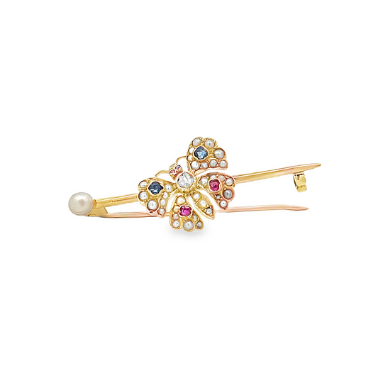 Antique Victorian Sapphire, Ruby, Rose Cut Diamond & Natural Pearl 15ct Gold Butterfly Brooch