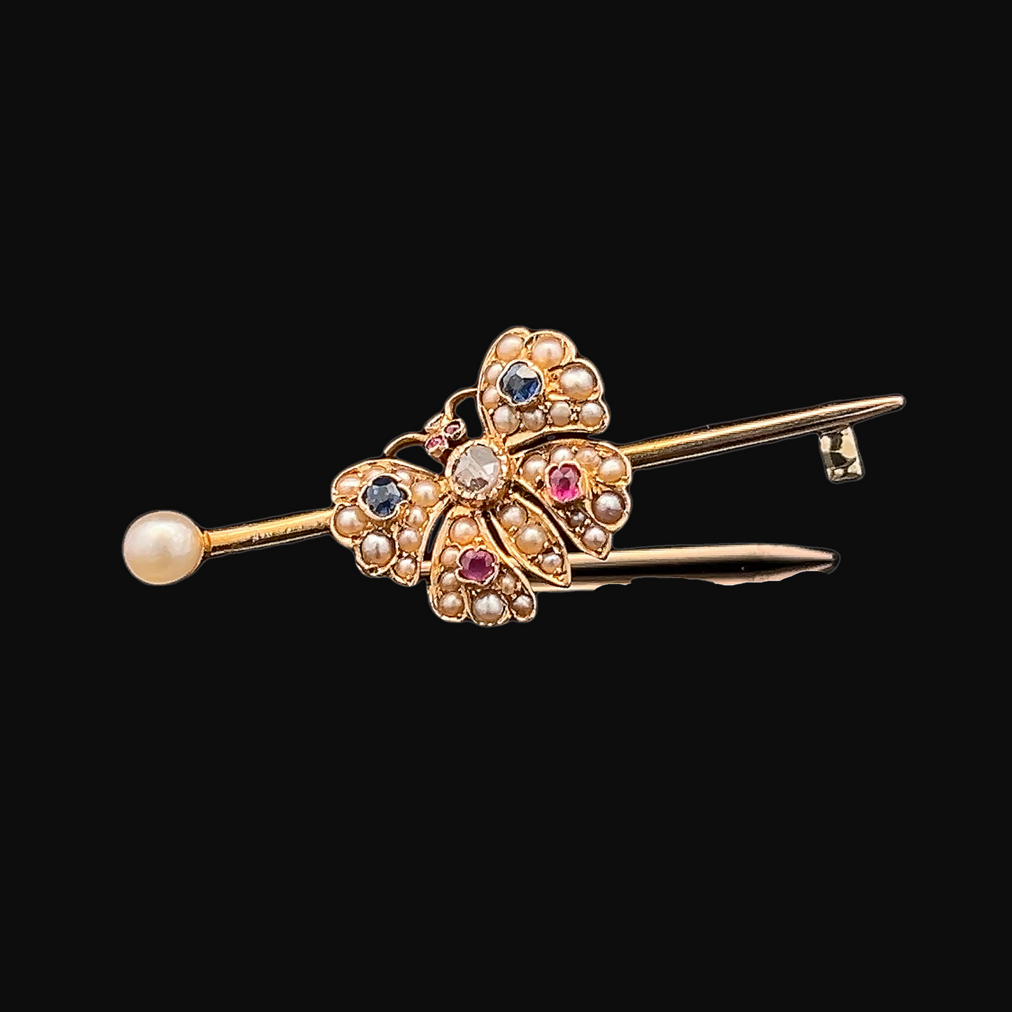 Antique Victorian Sapphire, Ruby, Rose Cut Diamond & Natural Pearl 15ct Gold Butterfly Brooch