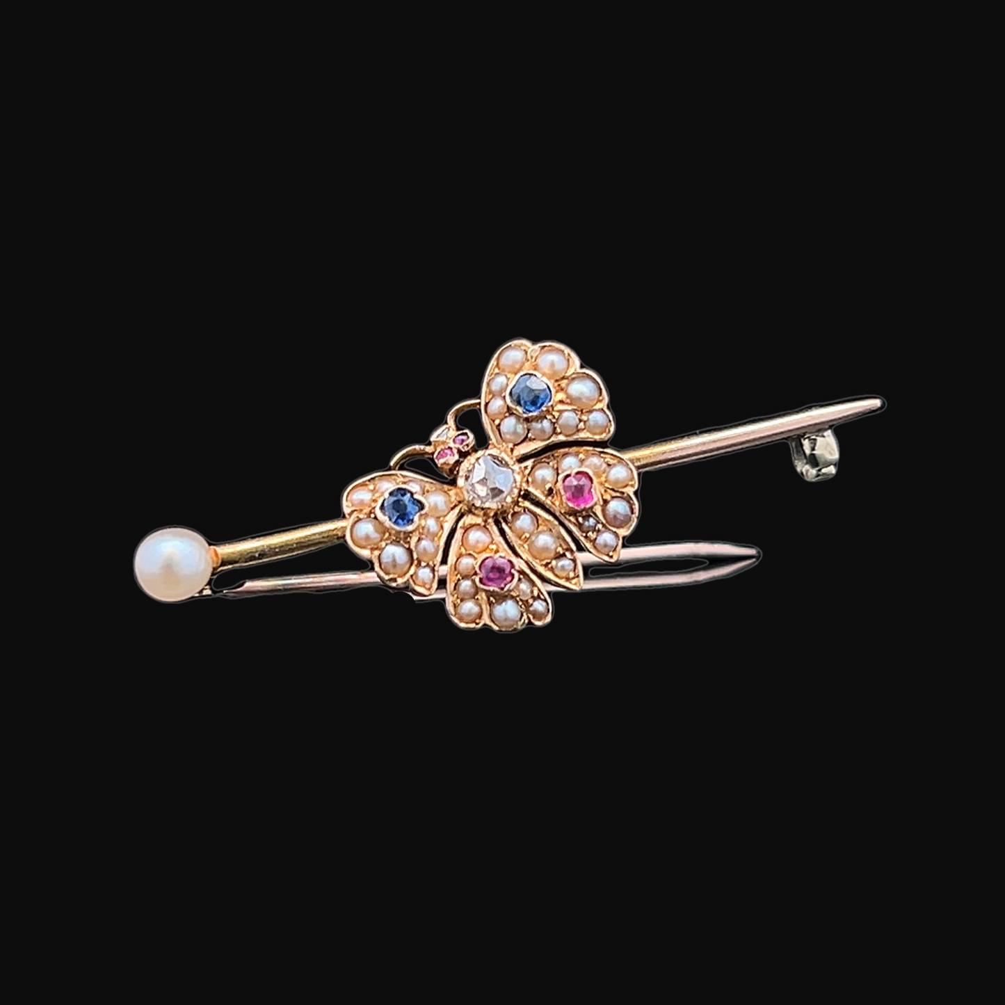 Antique Victorian Sapphire, Ruby, Rose Cut Diamond & Natural Pearl 15ct Gold Butterfly Brooch