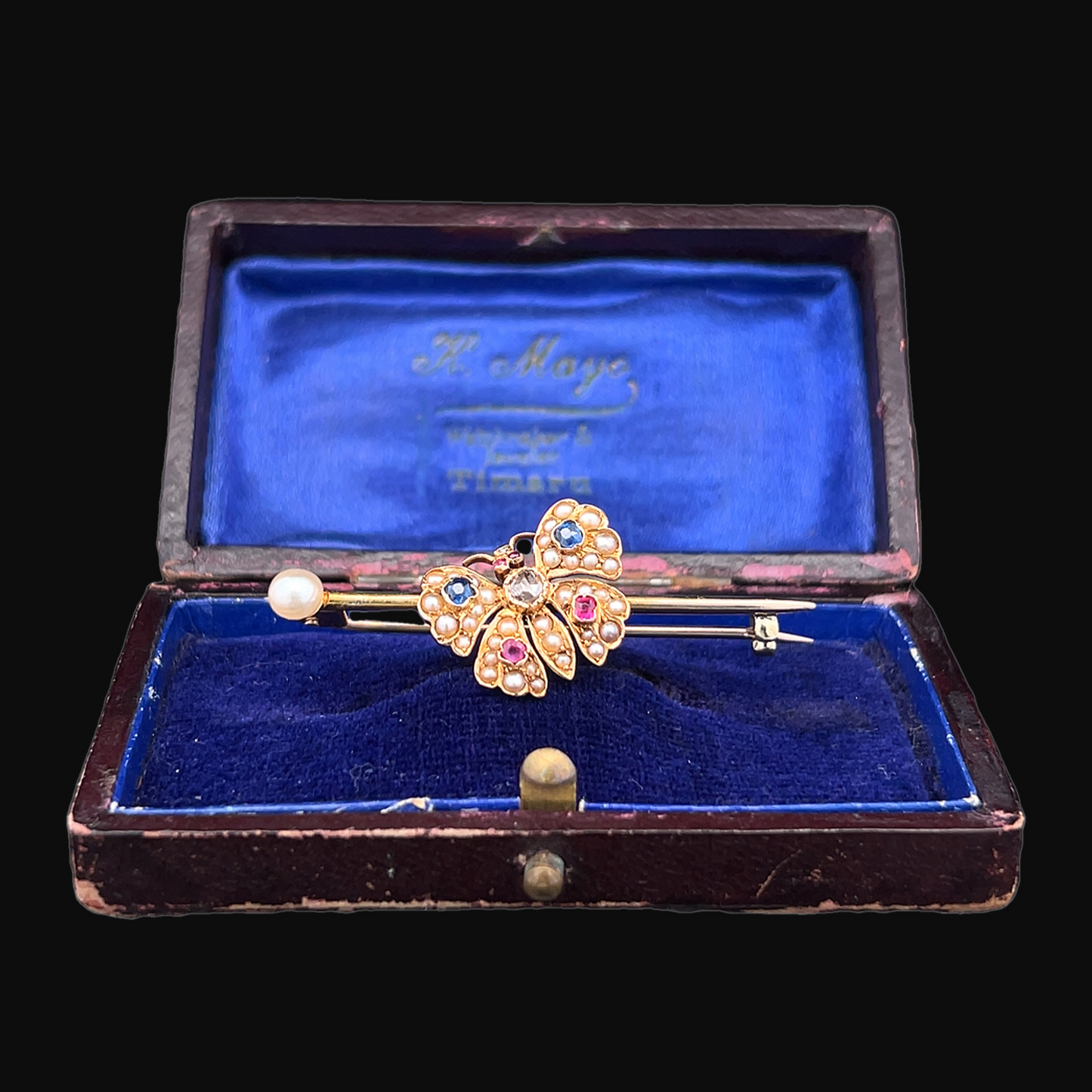 Antique Victorian Sapphire, Ruby, Rose Cut Diamond & Natural Pearl 15ct Gold Butterfly Brooch
