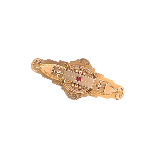 Antique Edwardian 'Locket Back' Star Set Ruby 9ct Gold Etruscan Revival Bar Brooch