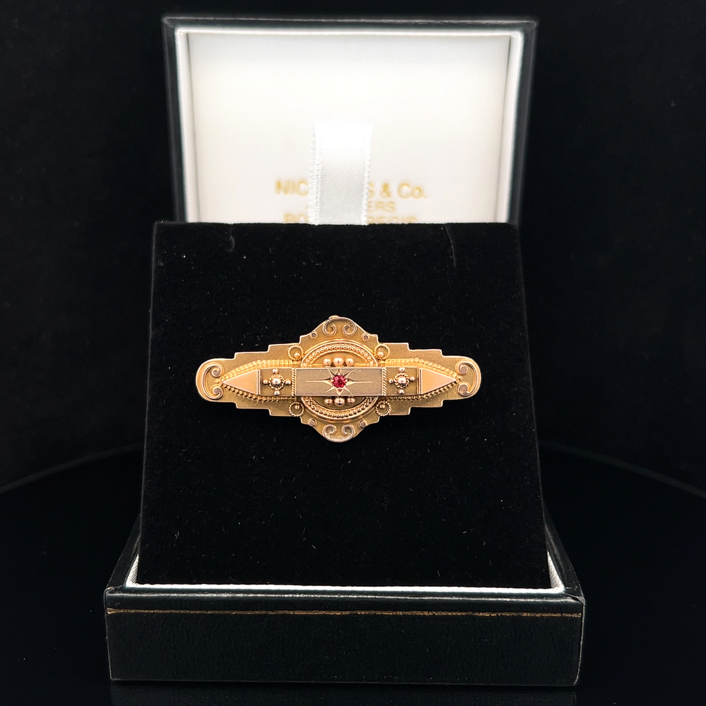 Antique Edwardian 'Locket Back' Star Set Ruby 9ct Gold Etruscan Revival Bar Brooch