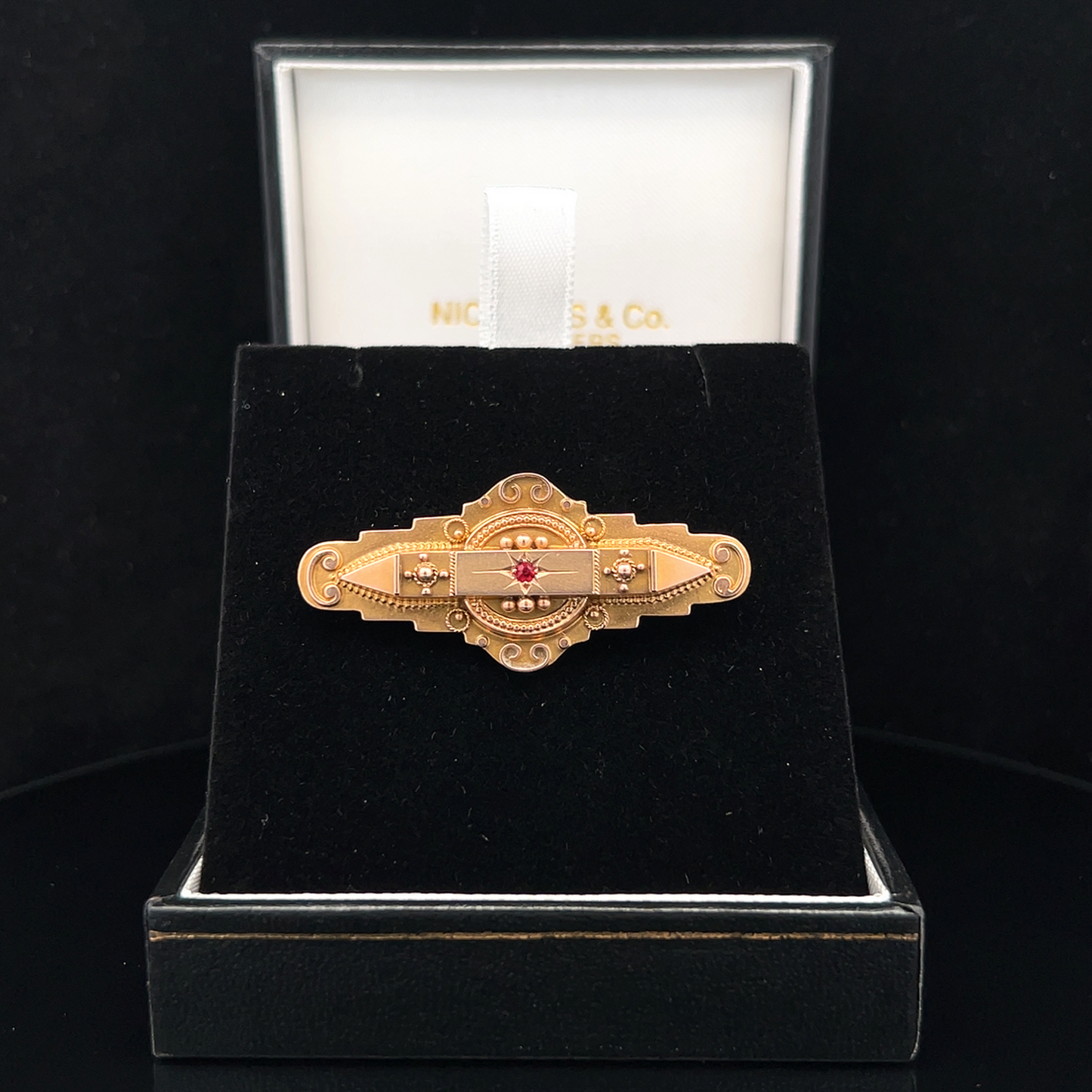 Antique Edwardian 'Locket Back' Star Set Ruby 9ct Gold Etruscan Revival Bar Brooch