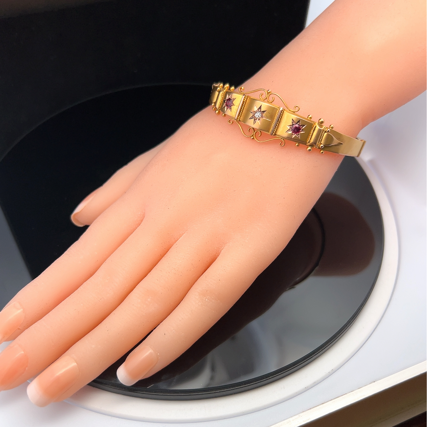 Antique Edwardian Star Set Diamond and Ruby 9ct Gold Etruscan Revival Bangle