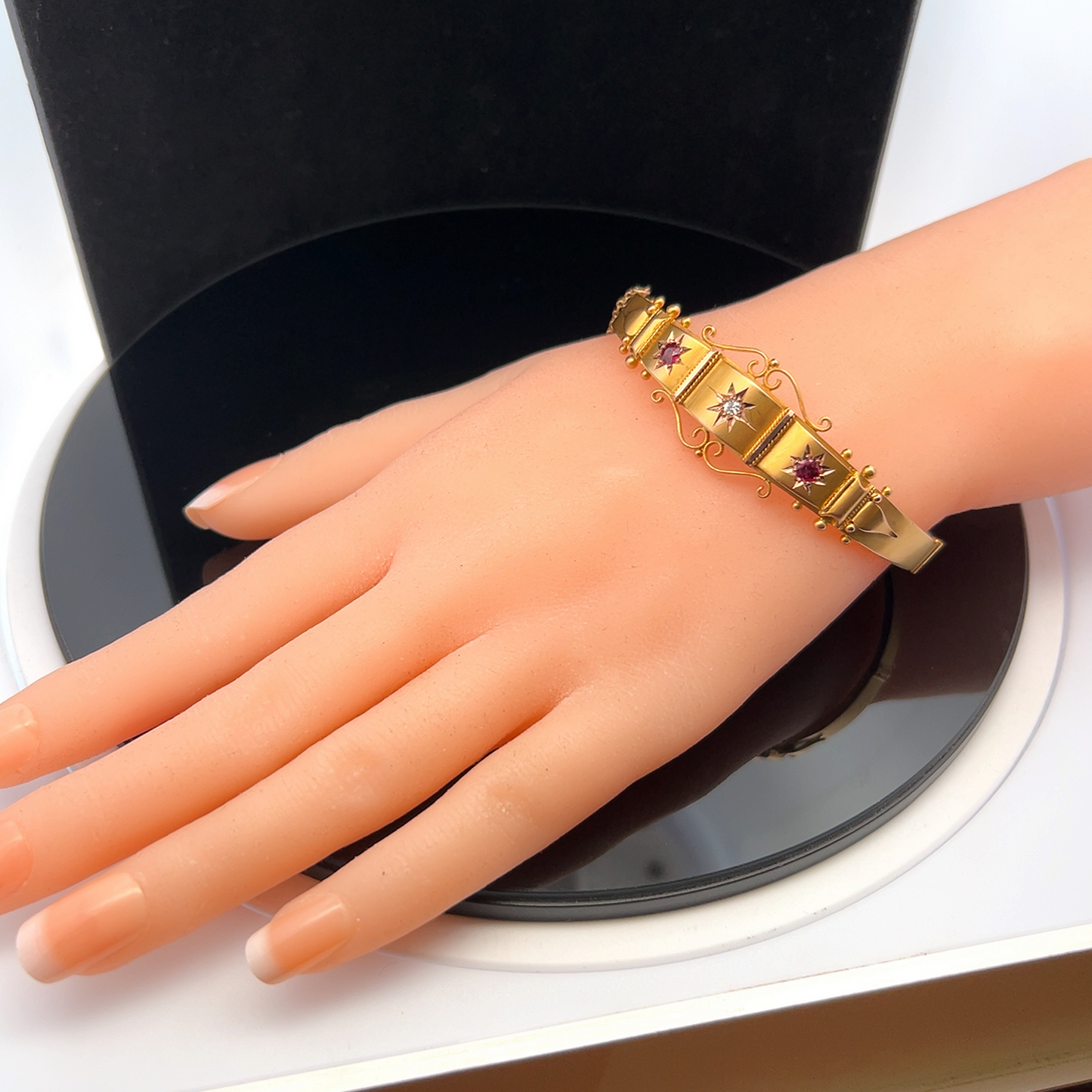 Antique Edwardian Star Set Diamond and Ruby 9ct Gold Etruscan Revival Bangle