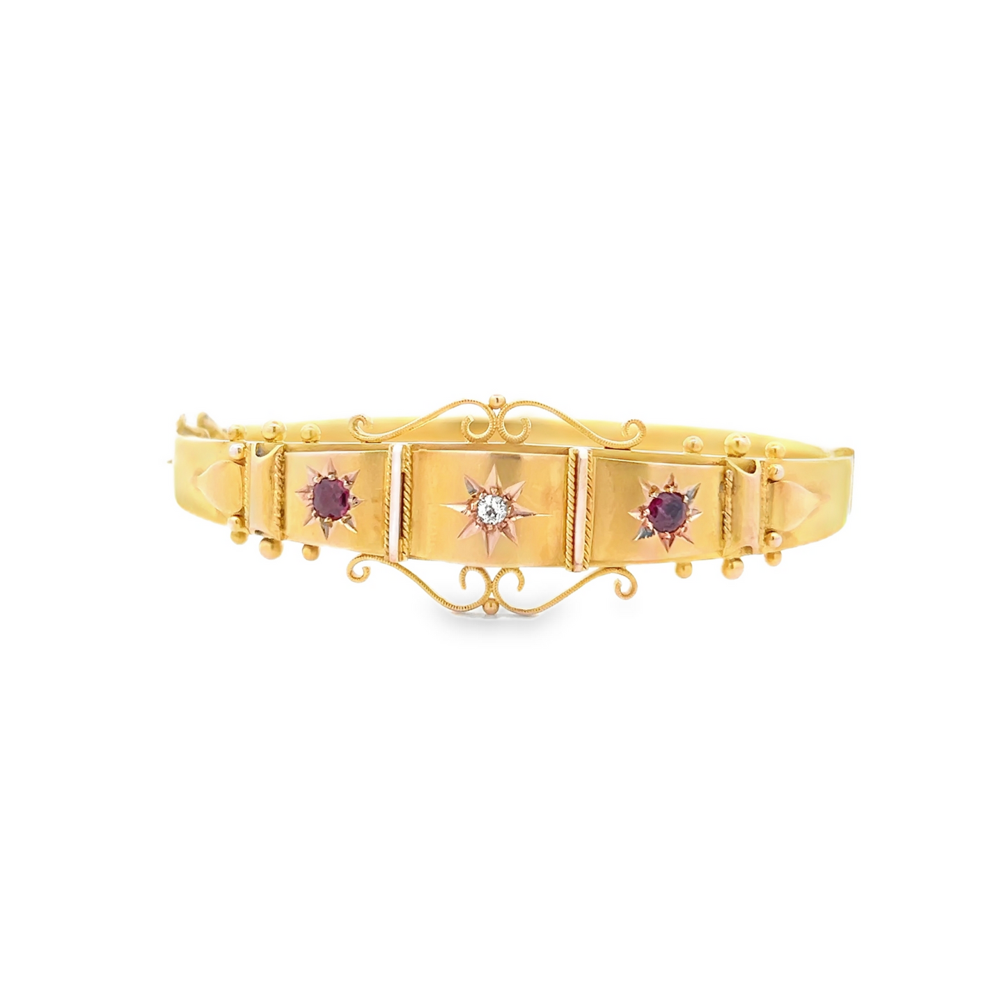 Antique Edwardian Star Set Diamond and Ruby 9ct Gold Etruscan Revival Bangle