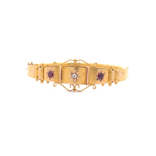 Antique Edwardian Star Set Diamond and Ruby 9ct Gold Etruscan Revival Bangle