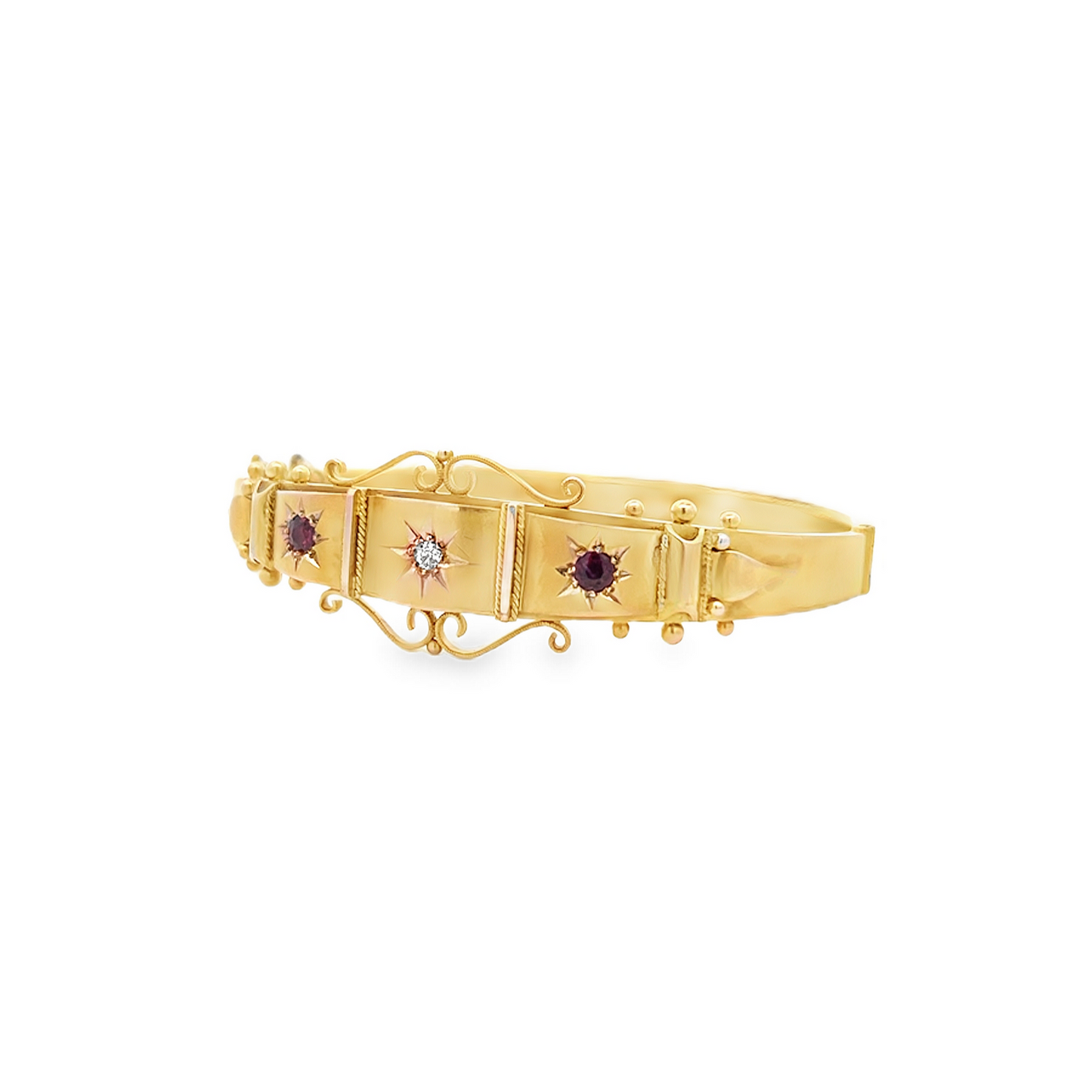 Antique Edwardian Star Set Diamond and Ruby 9ct Gold Etruscan Revival Bangle