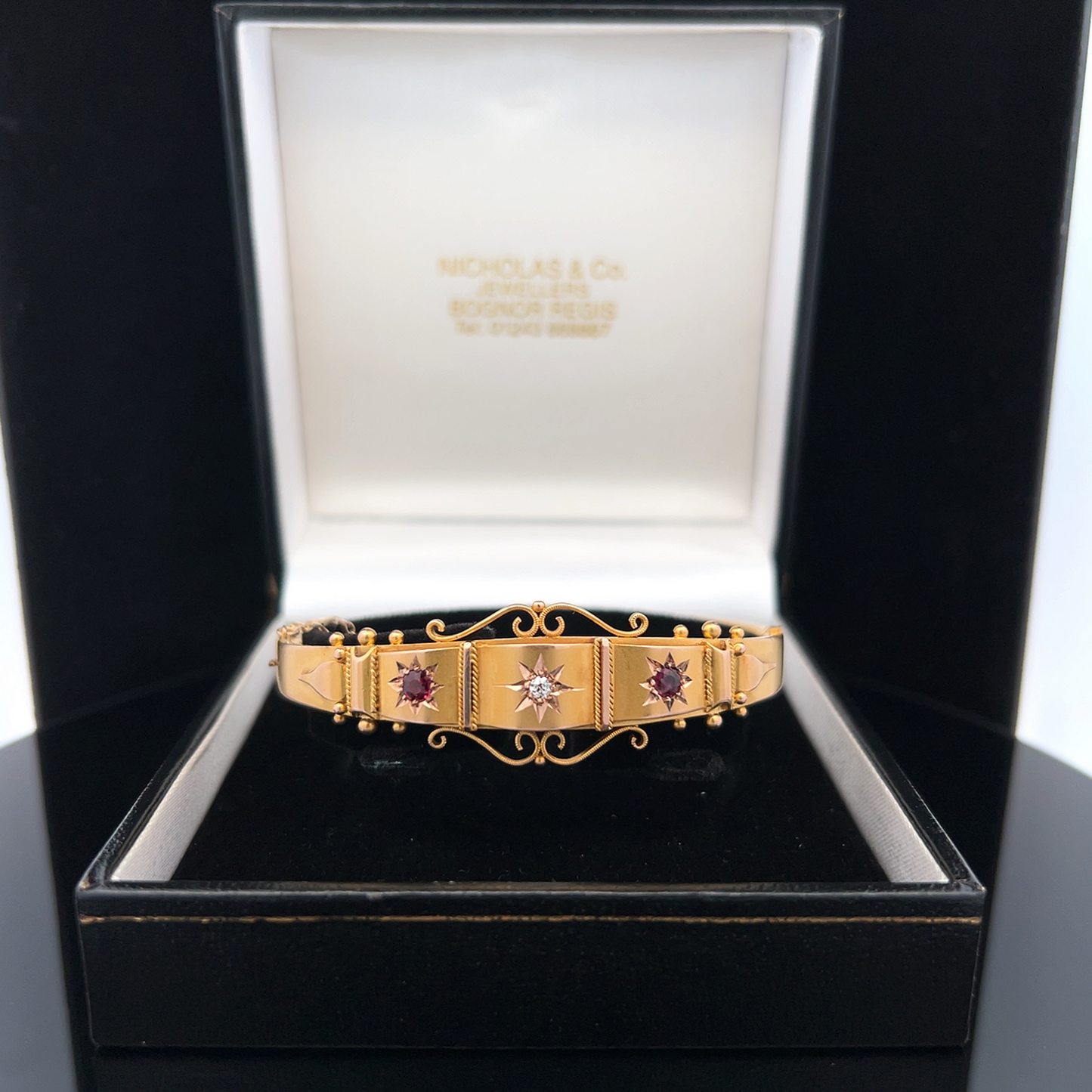 Antique Edwardian Star Set Diamond and Ruby 9ct Gold Etruscan Revival Bangle