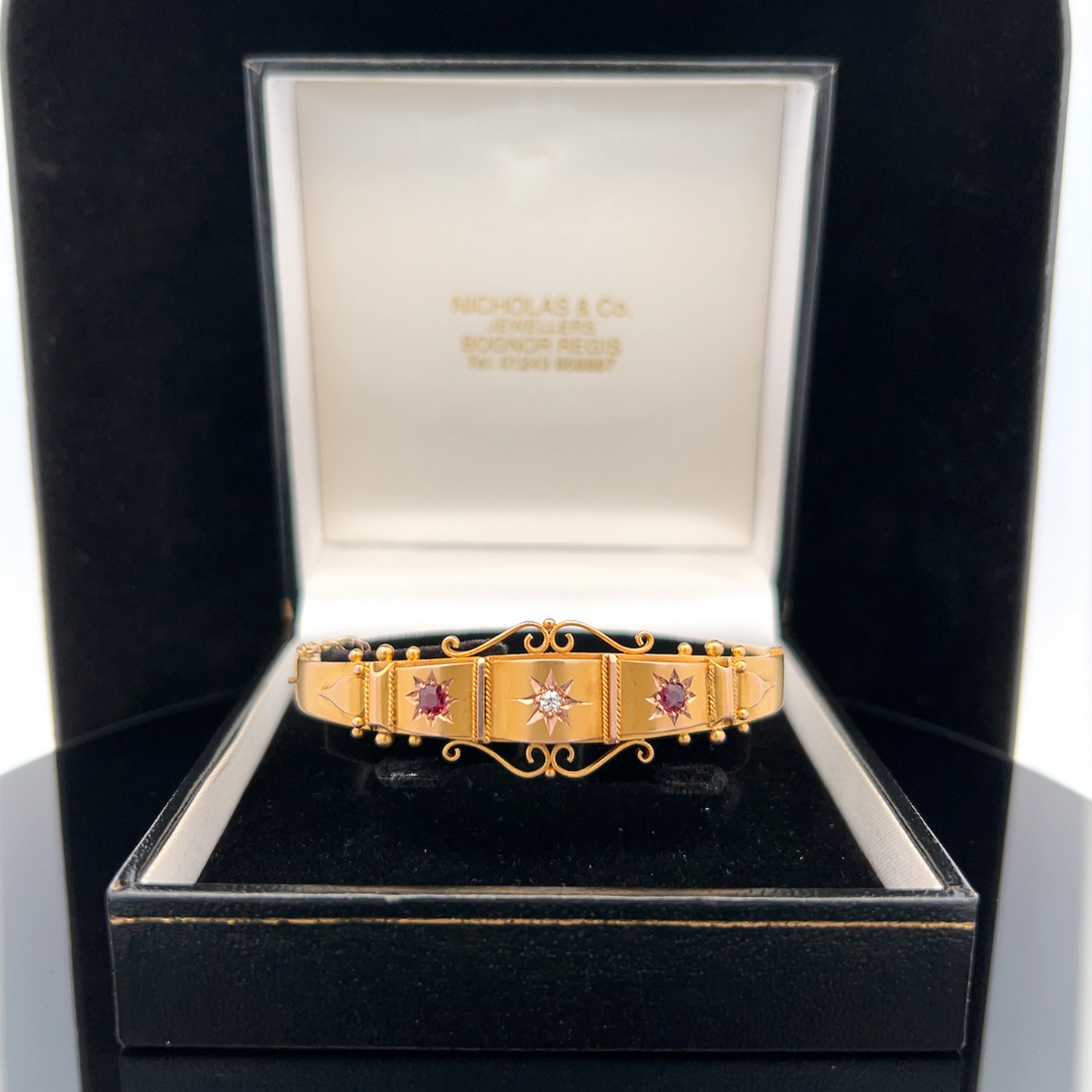 Antique Edwardian Star Set Diamond and Ruby 9ct Gold Etruscan Revival Bangle