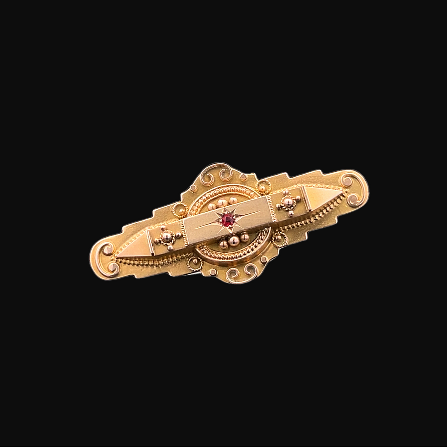 Antique Edwardian 'Locket Back' Star Set Ruby 9ct Gold Etruscan Revival Bar Brooch