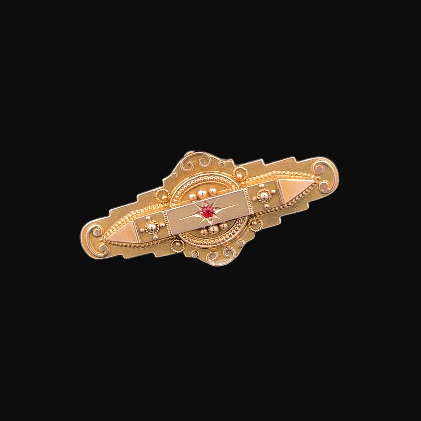 Antique Edwardian 'Locket Back' Star Set Ruby 9ct Gold Etruscan Revival Bar Brooch