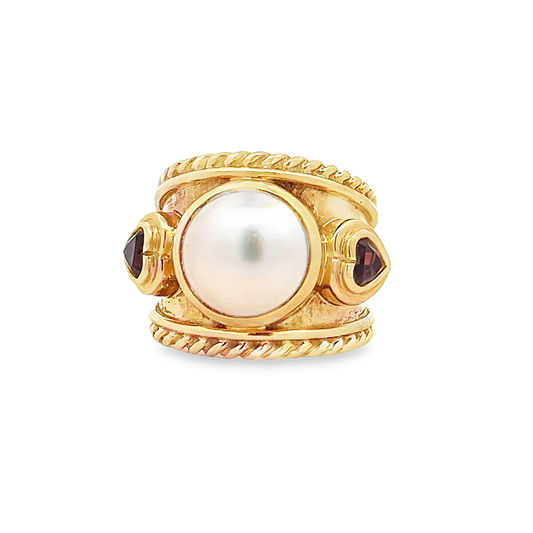Vintage Mabe Pearl and Garnet 18ct Gold Etruscan Style Ring