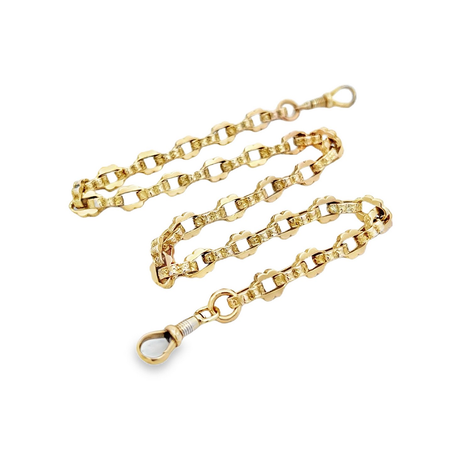 Antique Victorian 9ct Gold Ornate Scalloped Square Link Chain with Dog Clip Clasps