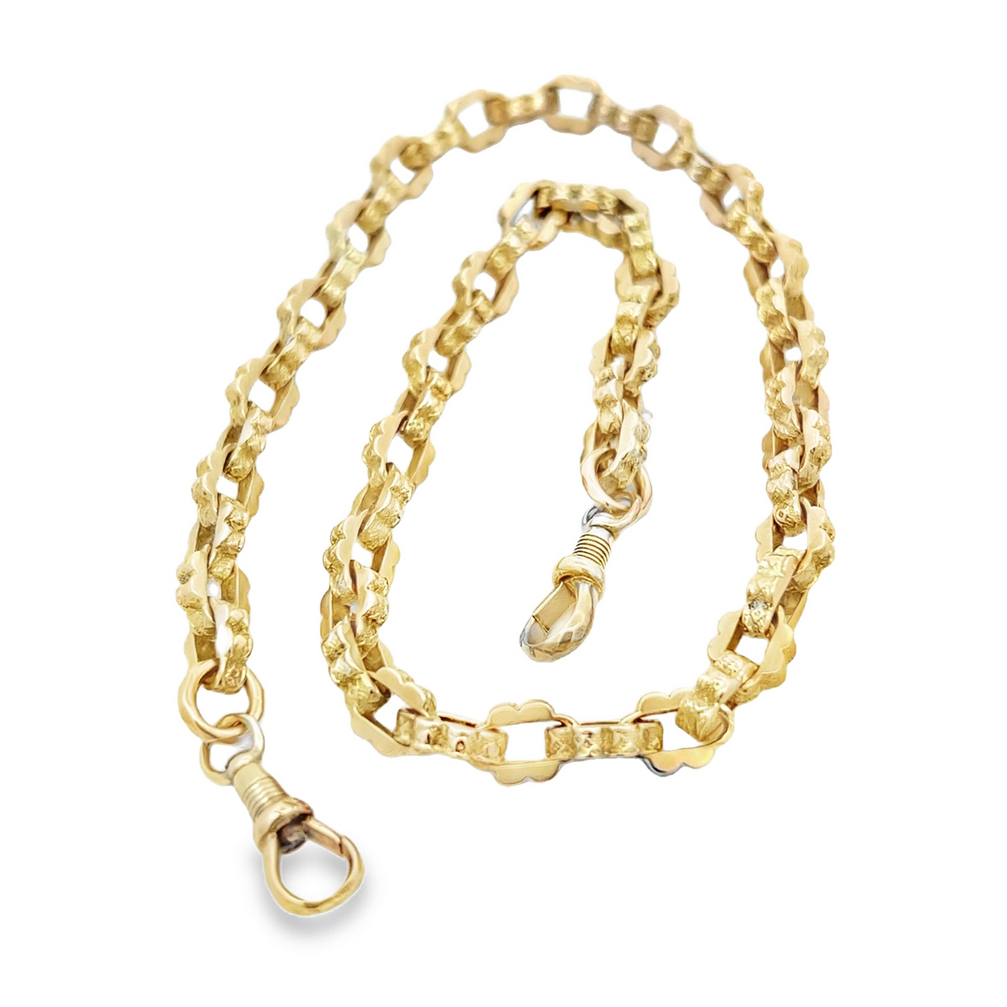 Antique Victorian 9ct Gold Ornate Scalloped Square Link Chain with Dog Clip Clasps