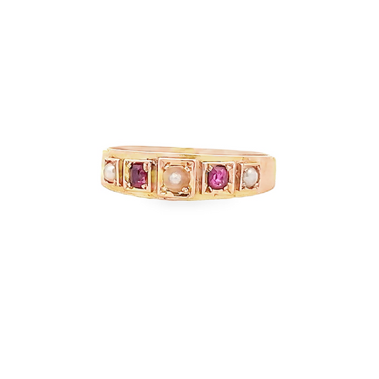 Antique Victorian Natural Split Pearl and Ruby 15ct Gold 5 Stone Ring