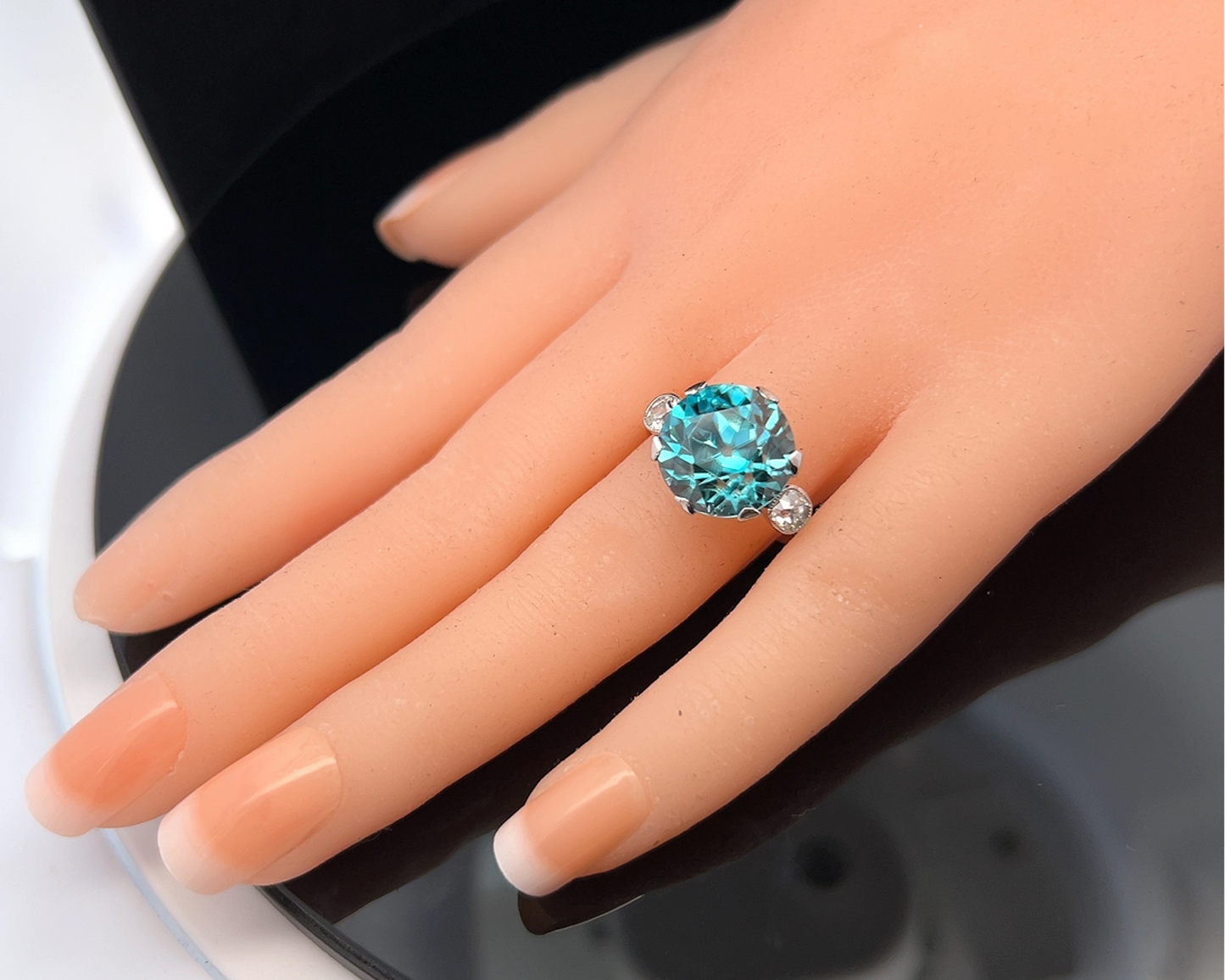 Antique Art Deco Blue Zircon & Old European Diamond Platinum Trilogy Ring