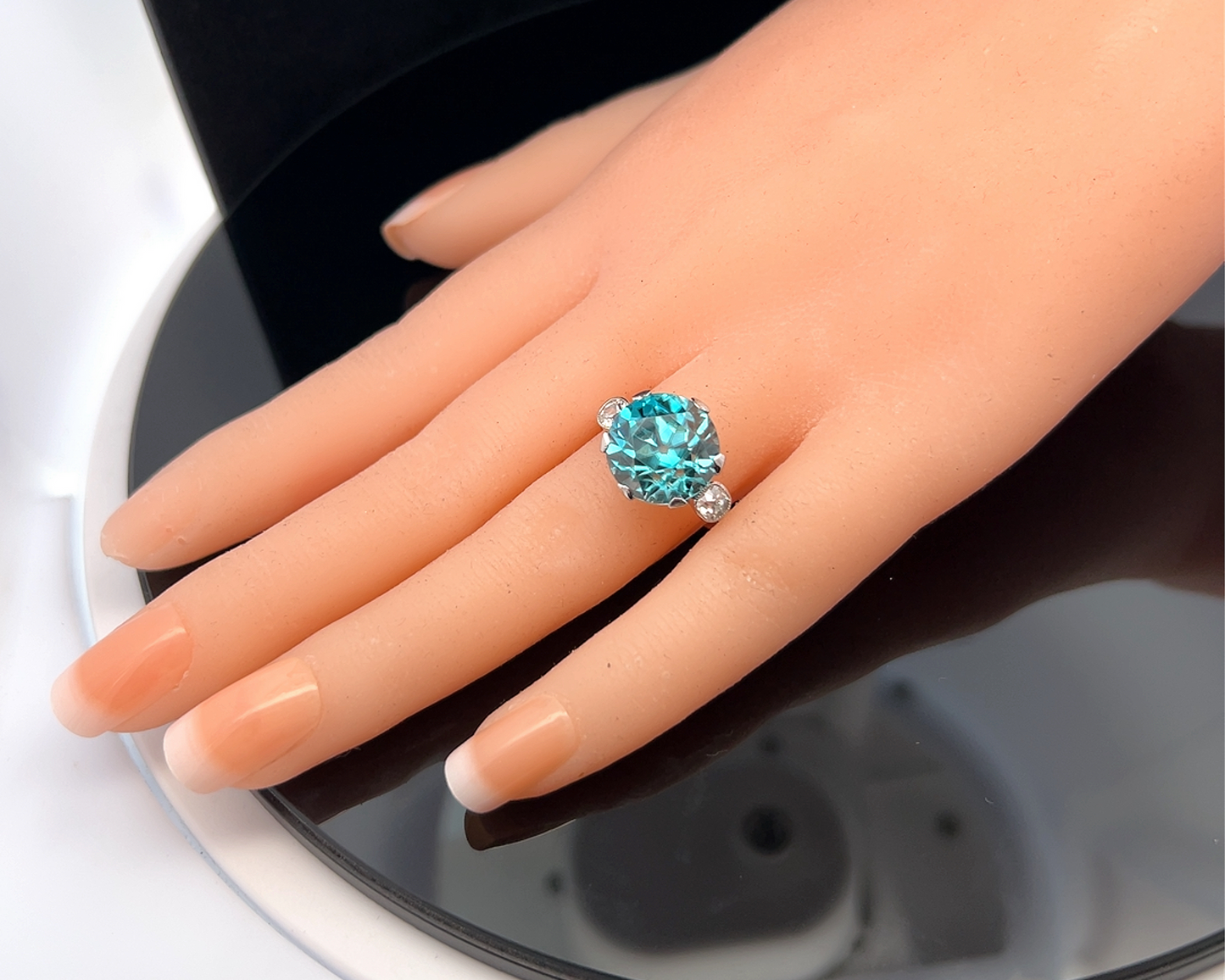 Antique Art Deco Blue Zircon & Old European Diamond Platinum Trilogy Ring