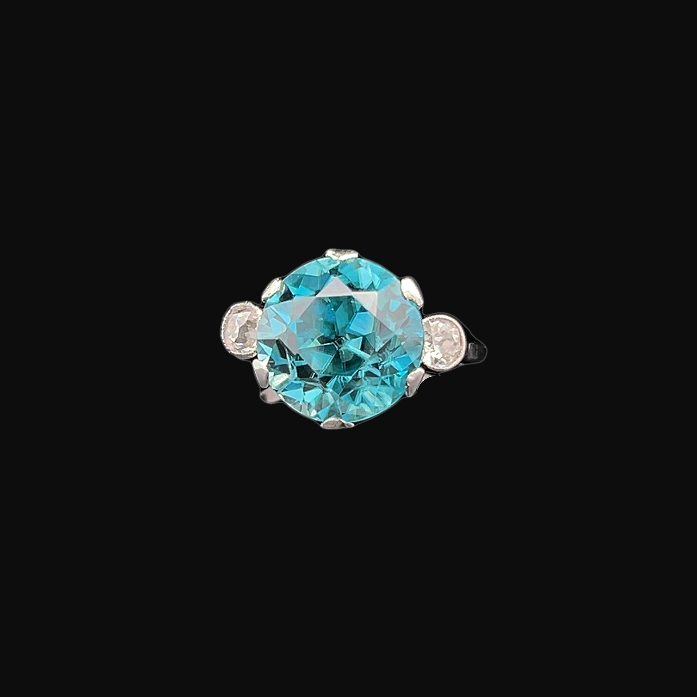 Antique Art Deco Blue Zircon & Old European Diamond Platinum Trilogy Ring