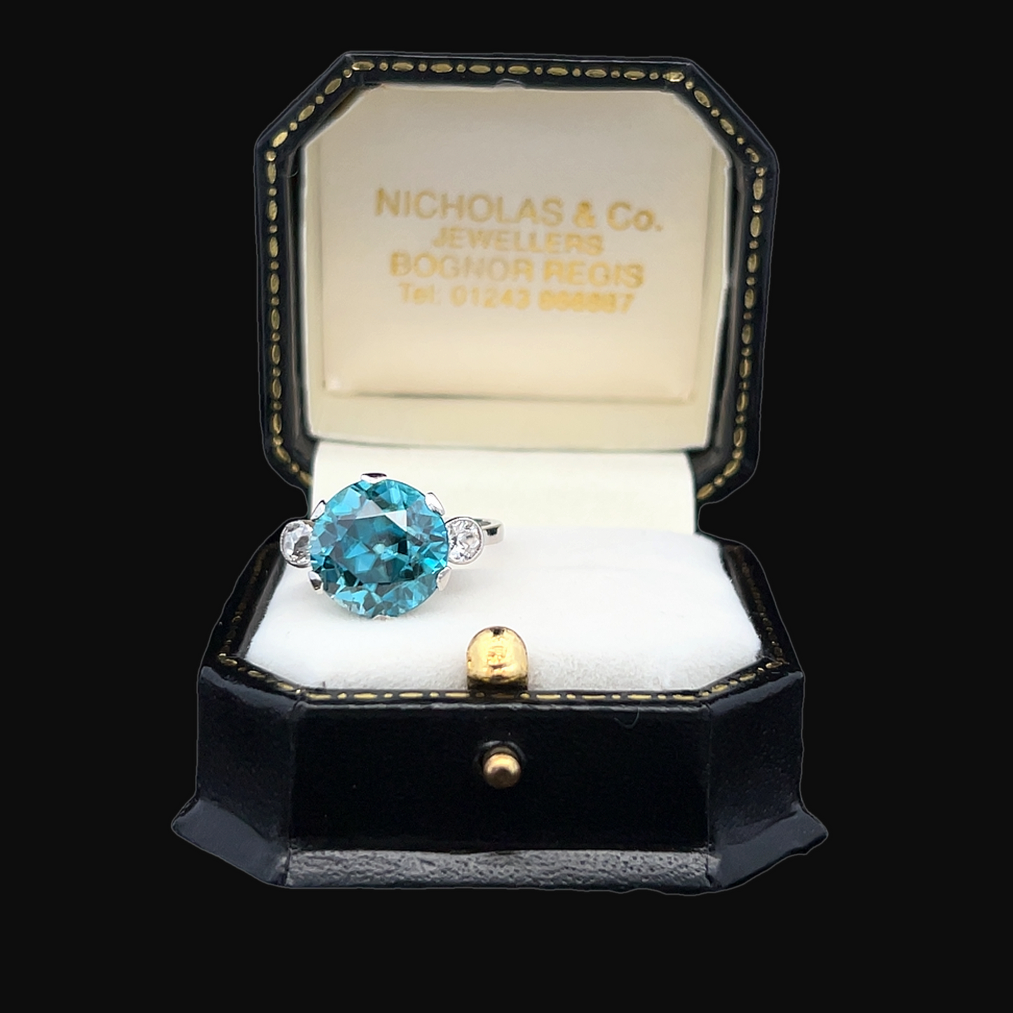 Antique Art Deco Blue Zircon & Old European Diamond Platinum Trilogy Ring