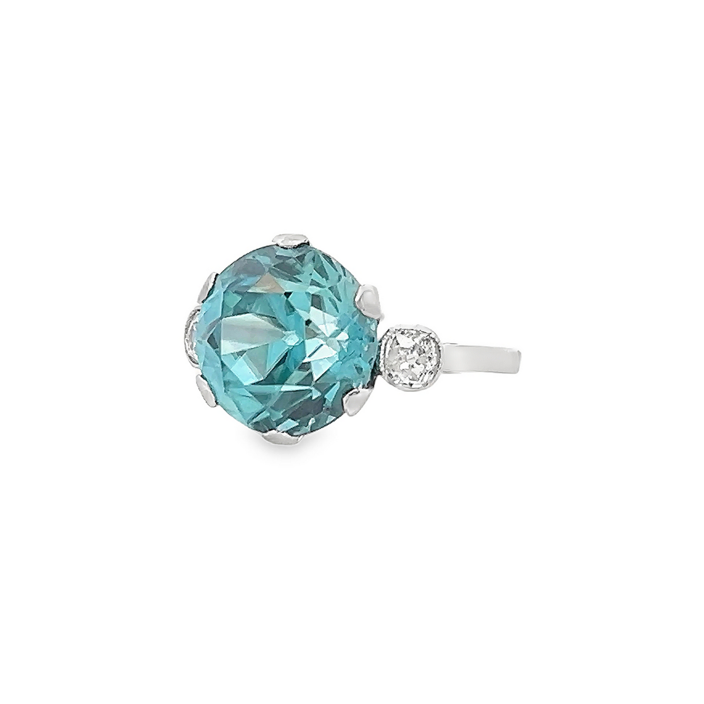 Antique Art Deco Blue Zircon & Old European Diamond Platinum Trilogy Ring