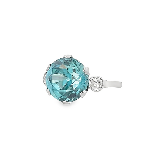 Antique Art Deco Blue Zircon & Old European Diamond Platinum Trilogy Ring