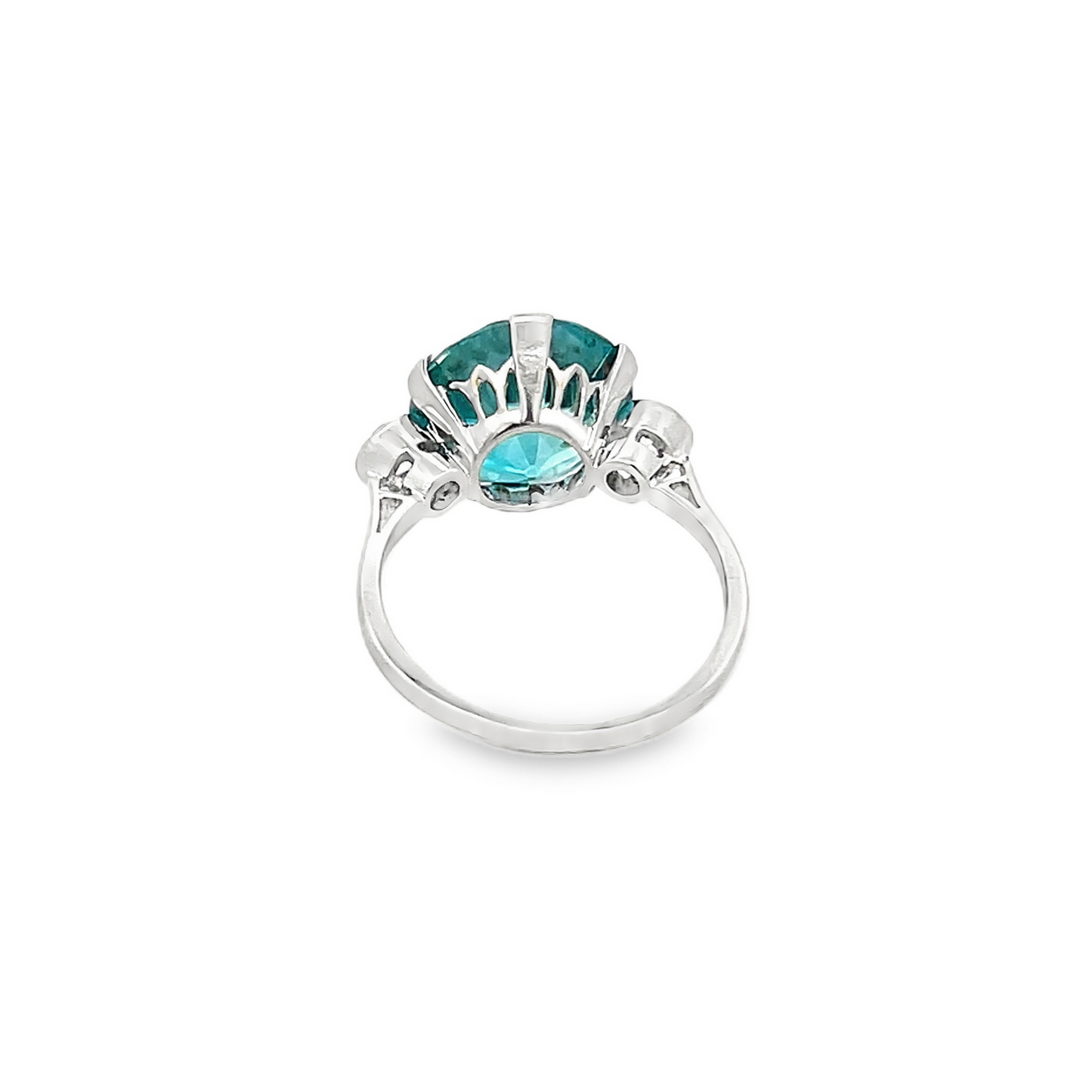 Antique Art Deco Blue Zircon & Old European Diamond Platinum Trilogy Ring