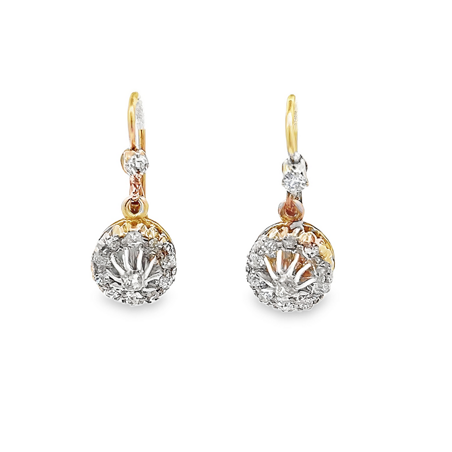 Antique Continental Old Mine Cut Diamond Gold Cluster Drop Earrings.