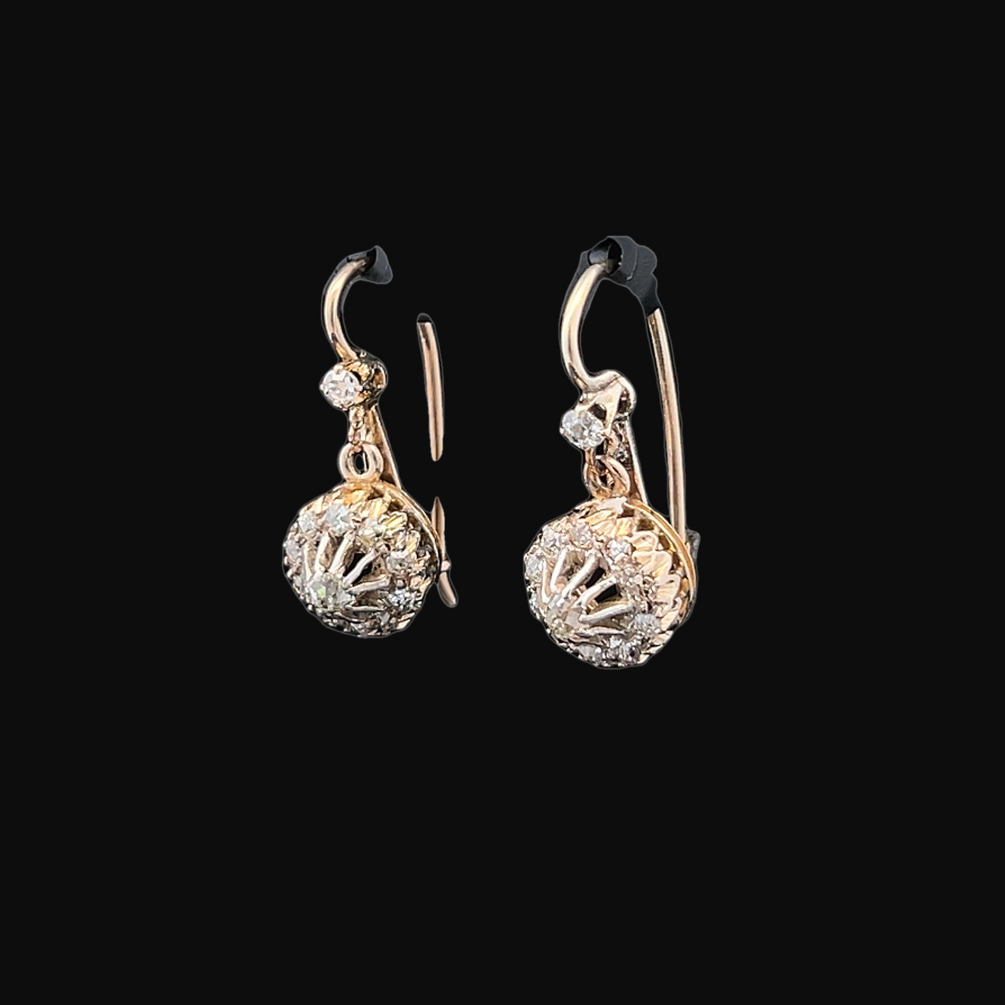 Antique Continental Old Mine Cut Diamond Gold Cluster Drop Earrings.