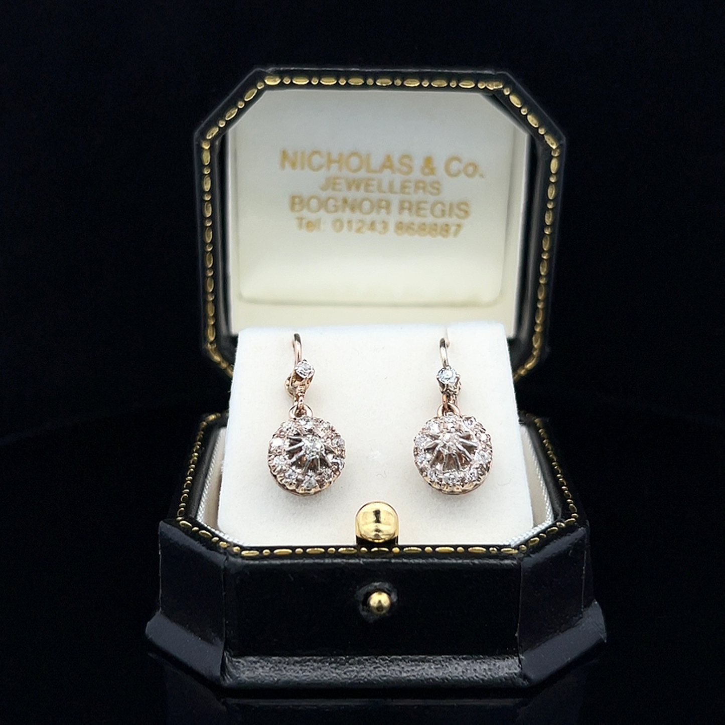 Antique Continental Old Mine Cut Diamond Gold Cluster Drop Earrings.